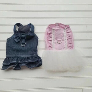 Set Of 2 Cute Bow Pet Dog Dress Harness Tulle Jean Blue Pink Bow Pink Sz M
